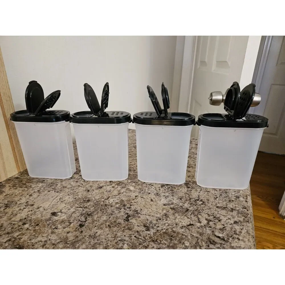 Tupperware Large Spice Shakers Set Of 4 With Black Lids EUC